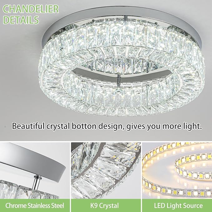 HOPGGIE 18 Inch Crystal Chandelier LED Ceiling Light Flush Mount Ceiling Light Fixtures Luxury Large Chandelier Light for Living Room Bedroom Dining Room Closet (Cool White)