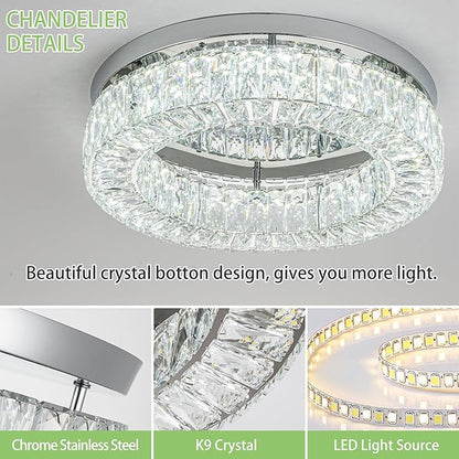 HOPGGIE 18 Inch Crystal Chandelier LED Ceiling Light Flush Mount Ceiling Light Fixtures Luxury Large Chandelier Light for Living Room Bedroom Dining Room Closet (Cool White)
