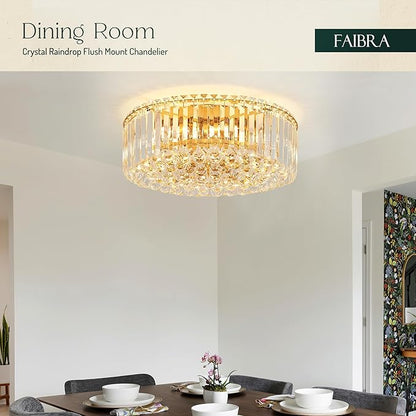 17.3" Gold K9 Crystal Raindrop Flush Mount Ceiling Light, Modern Chandelier, Round Luxury Light Fixture for Dining Room, Bedroom, Hallway, Kitchen Island & Living Room