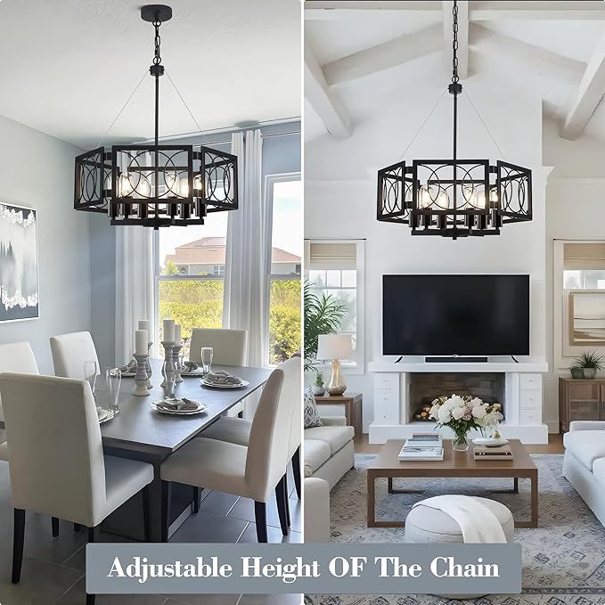 22.83'' Black Farmhouse Chandelier for Dining Room, Large Modern Industrial Geometric Pendant Lighting Fixture Adjustable Hanging Lights for Kitchen Island Foyer Hallway