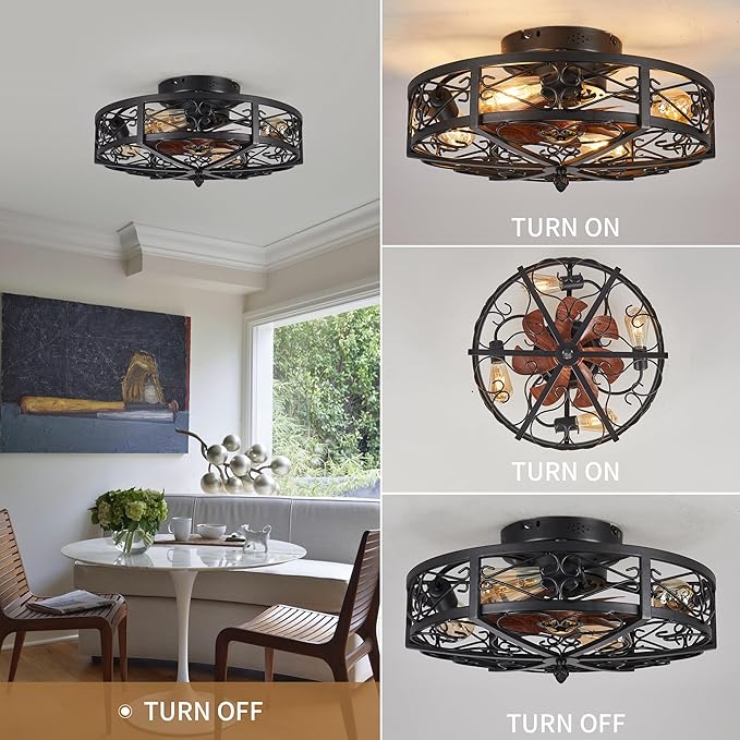 Rustic Black Caged Flush Mount Ceiling Fans with Lights and Remote Vintage Low Profile Bladeless Ceiling Fan, Reversible Motor, E26 Bulbs, 6 Speeds,for Farmhouse, Living Room, and Bedroom