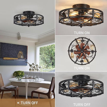 Rustic Black Caged Flush Mount Ceiling Fans with Lights and Remote Vintage Low Profile Bladeless Ceiling Fan, Reversible Motor, E26 Bulbs, 6 Speeds,for Farmhouse, Living Room, and Bedroom