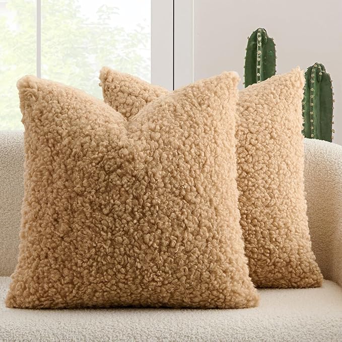 MIULEE Pack of 2 Throw Pillow Covers 18x18 Inch Neutral Camel Faux Fur Decorative Sherpa Pillow Covers Fuzzy Accent Soft Sheepskin Fleece Cushion Cases for Boho Home Decor Couch Living Room Bed