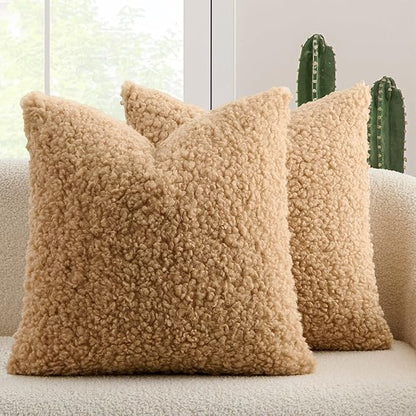 MIULEE Pack of 2 Throw Pillow Covers 18x18 Inch Neutral Camel Faux Fur Decorative Sherpa Pillow Covers Fuzzy Accent Soft Sheepskin Fleece Cushion Cases for Boho Home Decor Couch Living Room Bed