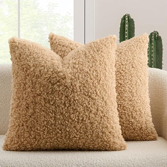 MIULEE Pack of 2 Throw Pillow Covers 18x18 Inch Neutral Camel Faux Fur Decorative Sherpa Pillow Covers Fuzzy Accent Soft Sheepskin Fleece Cushion Cases for Boho Home Decor Couch Living Room Bed