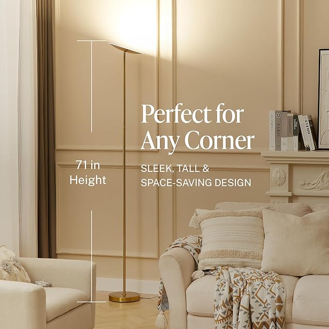 LED Torchiere Floor Lamp, 3200LM, 71" Tall Modern Torchiere Lamp in Golden Brass, Stepless Dimming, Remote & Touch Control, Super Bright Light for Living Room and Bedroom, Heavy Stable Base