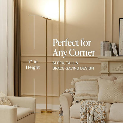 LED Torchiere Floor Lamp, 3200LM, 71" Tall Modern Torchiere Lamp in Golden Brass, Stepless Dimming, Remote & Touch Control, Super Bright Light for Living Room and Bedroom, Heavy Stable Base