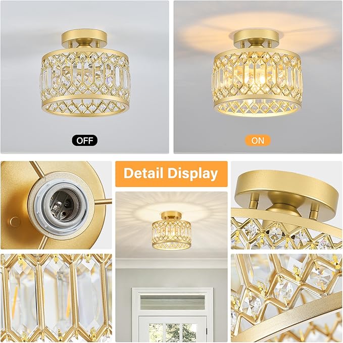 YURNYQ Crystal Ceiling Light Fixture, Modern Semi Flush Mount Ceiling Light, Gold Lighting Fixtures Ceiling Lamp for Hallway, Kitchen, Entryway, Bedroom, Laundry Room, 9.05 Inch