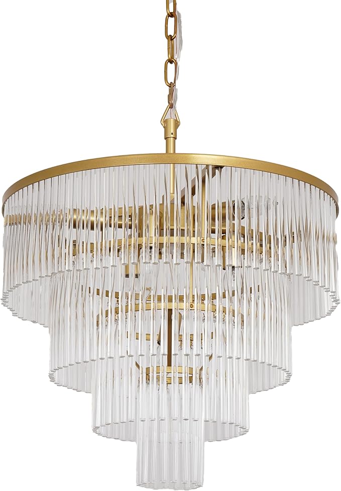 Modern Multi-Tier Crystal Chandelier 4-Tier Round Gold Finish Ceiling Light -Cylindrical Glass Rods -Dining Room Living Room Bedroom Entryway -Luxury Lighting Fixture 20''