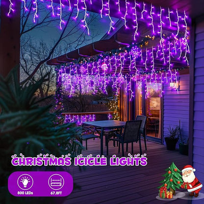 JMEXSUSS Purple Christmas Lights Outdoor, 800 LED Purple Icicle Lights Outdoor Waterproof, 8 Modes String Light Plug in for Fireplace Tree Garden Patio Halloween Decor
