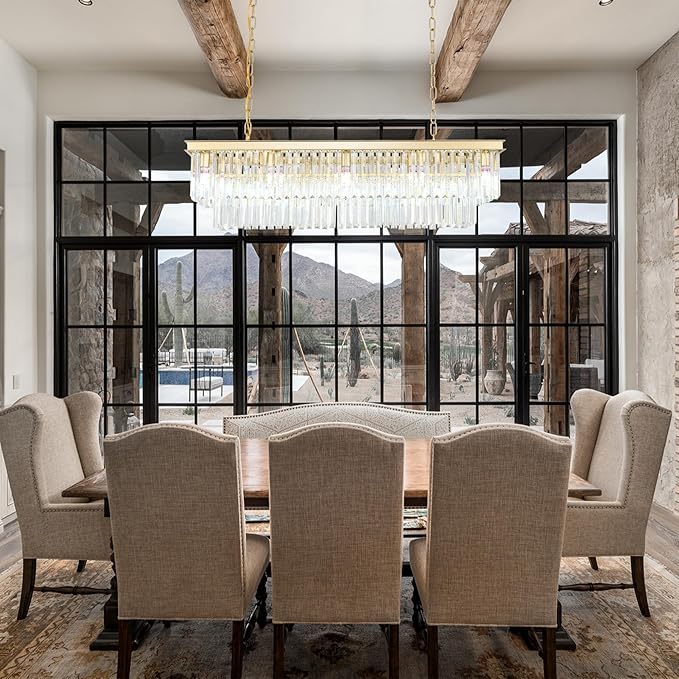 Gold Rectangular Chandelier 40 Inch-10-Light Luxury Crystal Pendant Lighting for Dining Room, Kitchen Island & Bar-Adjustable Height, Flush Mount Ceiling Fixture,Premium Lighting Fixture(Gold, L-40")
