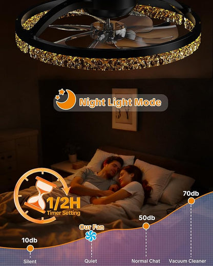 Ceiling Fans with Lights and Remote Low Profile Flush Mount LED Ceiling Fan with Lights 3000K-6500K Dimmable Foldable Fandelier Light 6 Wind Speeds Night Light for Bedroom Living Room Black