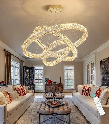 HAIXIANG Large Glam Chandelier Crystal LED 3 Rings Chandeliers Adjustable Hanging Ceiling Pendant Lights Fixture Gold 24"+32"+40" Ring Lighting for Living Room Foyer Entryway High Ceiling