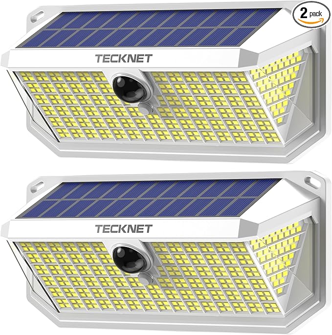 TECKNET 416 LED Solar Powered Outdoor Lights, 300° Angle & 3 Lighting Modes Motion Sensor Light Outdoor, Security Solar Lights Waterproof - 2 Pack, White, Cold Light