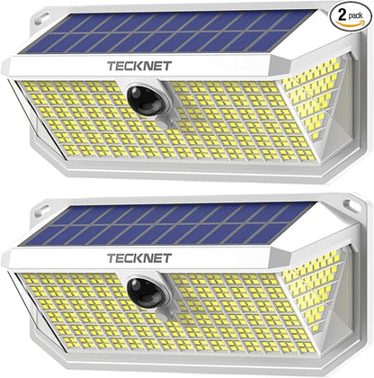 TECKNET 416 LED Solar Powered Outdoor Lights, 300° Angle & 3 Lighting Modes Motion Sensor Light Outdoor, Security Solar Lights Waterproof - 2 Pack, White, Cold Light
