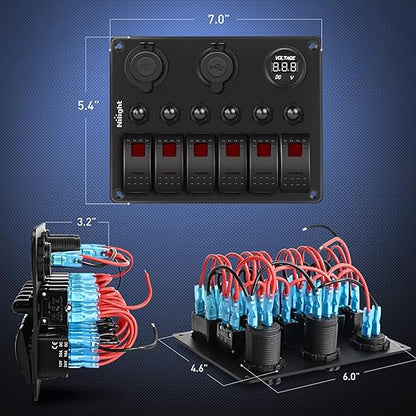 Nilight 6 Gang ON Off Rocker Switch Panel Red Backlit 12V 24V LED Digital Voltmeter 3.1A Dual USB Charger Cigarette Lighter Socket Overload Protection for Cars RVs Boats (90122F)