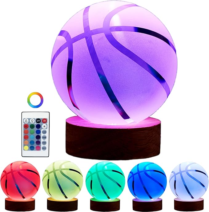 Basketball Crystal Ball Lamp,3.15 inch 3D K9 Crystal Ball Night Light with Wooden Base,Basketball Lamp Light, Gifts for Boys,16 Colors Change with Remote Control (K)