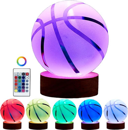Basketball Crystal Ball Lamp,3.15 inch 3D K9 Crystal Ball Night Light with Wooden Base,Basketball Lamp Light, Gifts for Boys,16 Colors Change with Remote Control (K)