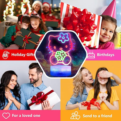 Cat Night Light for Kids, Anime Kitty Lamp with Timer, Remote Control, Changing Colors, Dimmable Acrylic LED Light for Christmas Birthday, Unique Gifts for Girls Boys Nursery Baby