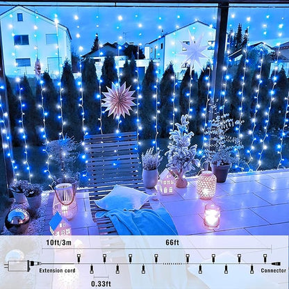 66FT 200 LED Outdoor String Lights, Plug in Christmas Lights Indoor Waterproof with 8 Modes, Connectable Clear Wire Twinkle Fairy Lights for House Patio Xmas Party Decorations, Blue and White