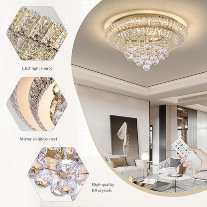 COCOSTAR 20" Gold Crystal Chandeliers, Flush Mount Chandelier LED Ceiling Light, Modern Crystal Raindrop Chandeliers for Dining Room, Living Room, Bedroom
