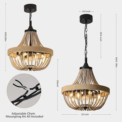Bohemian Empire Style Chandelier Fan with 64 Wood Bead Strands, 7-Blade Invisible, Remote/APP Control, 20'' Ceiling Light Fixture for Living Room Bedroom Dining (Black, 20'' Boho Style)