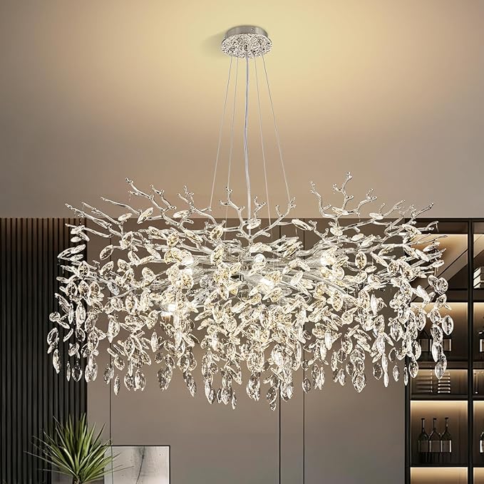 Modern Tree Branch Crystal Chandelier 40" Sliver Luxury Large Pendant Lighting 15-Light Contemporary K9 Crystal Chandeliers for Dining Room Kitchen Living Room Foyer Entryway (Sliver, D40"-Round)