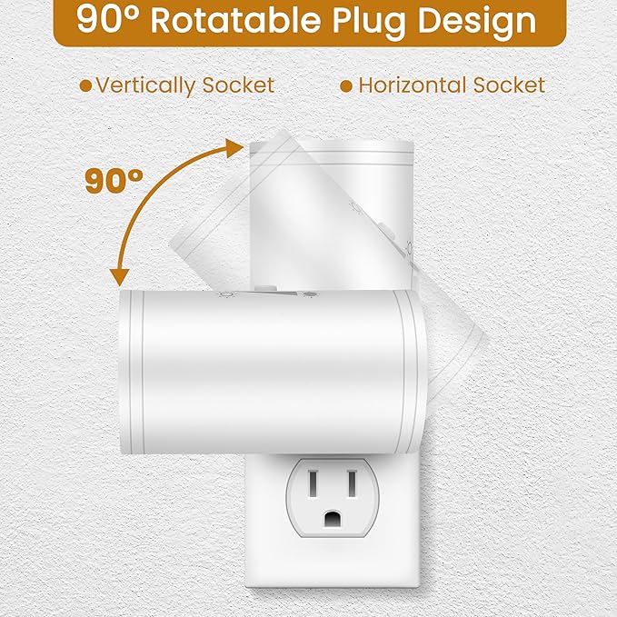 LED Plug-in Wall Night Light with Dimmable 0-300 Lumens, 3000K Soft White, Auto On/Off Light Sensor & Adjustable Head for Hallway, Stairs, Bedroom,2 Pack