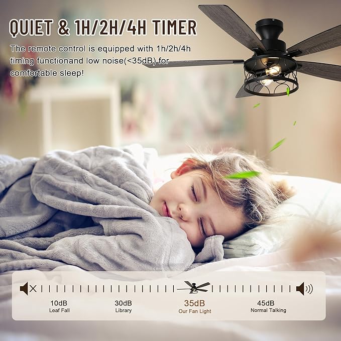 52'' Flush Mount Ceiling Fan with Light, Farmhouse Low Profile Ceiling Fan with Remote, 6-Speed Quiet Reversible DC Motor, 3 Clear Glass Lights, Timer Function, for Bedroom Living Room Kitchen