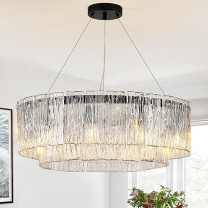 CATINER Modern Crystal Glass Round Chandelier 24”Black Chandeliers 10-Light Drum Pendant Ceiling Light Fixtures Luxury 2 Tiers Hanging Lighting for Dining Room Foyer Living Room Bedroom