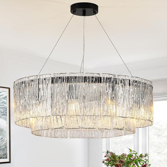 CATINER Modern Crystal Glass Round Chandelier 24”Black Chandeliers 10-Light Drum Pendant Ceiling Light Fixtures Luxury 2 Tiers Hanging Lighting for Dining Room Foyer Living Room Bedroom