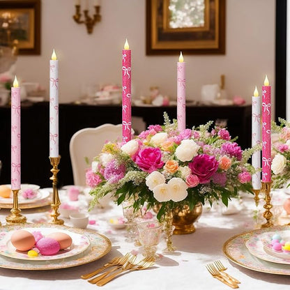 Honoson 6 Pcs Mother's Day Flameless Candles Glitter Bow Taper Candle 10.6 Inch Pink Coquette Candles Battery Operated LED Candlestick for Mother's Day Wedding Bridal Birthday Party Dinner Table Home