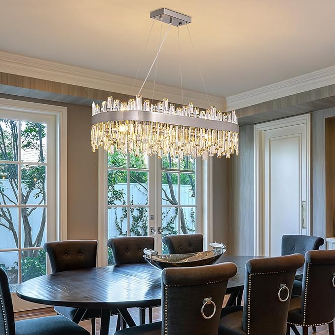 Siljoy Modern Crystal Chandelier, Luxury Rectangular 2-Tiers K9 Crystal Raindrop Chandelier, 16-Light Adjustable Hanging Crystal Ceiling Light for Dining Room Living Room Kitchen L35.4''