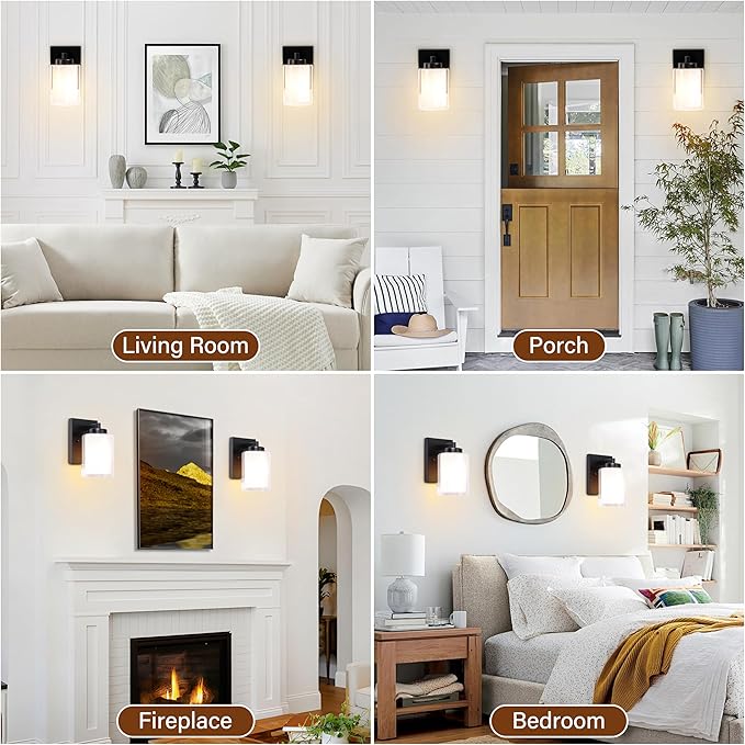 Pia Ricco Wall Sconces Set of Two, Hardwired Bathroom Wall Sconce with Double Glass Shade, Modern Bedside Wall Lamps, Farmhouse Vanity Light Black Wall Lights for Living Room, Bedroom, Hallway