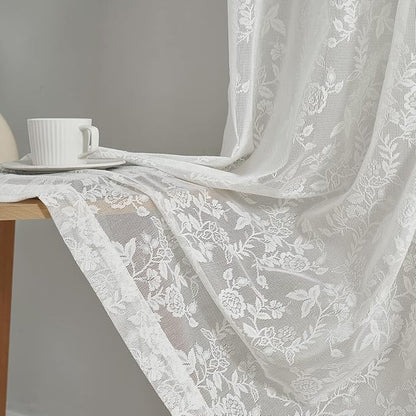 FINECITY Lace Curtains 84 Inches Long - Rustic Branch Leaf Floral Patterned Ivory Sheer Lace Curtains for Living Room, Scalloped Macrame Country Sheer Curtain 2 Panels, 52 x 84 Inch, Cream/Ivory