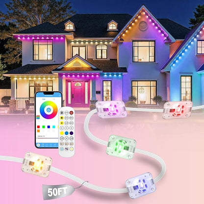 Permanent Outdoor Lights, 50ft RGB+IC Smart LED Lights, IP67 Waterproof Smart Outdoor Decorations with App/Remote for Christmas, New Year, Halloween, Holiday, Daily, Party Decor,Valentine's Day