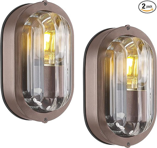 FEMILA 8.5" Oval Bulkhead Light, Modern Exterior Wall Sconce, ORB, 2 Pack Outdoor Wall Light & Ceiling Flush Mount, Ripple Glass, IP44 Waterproof, Front Porch Light for Patio, 4FYX104F-2 ORB SW