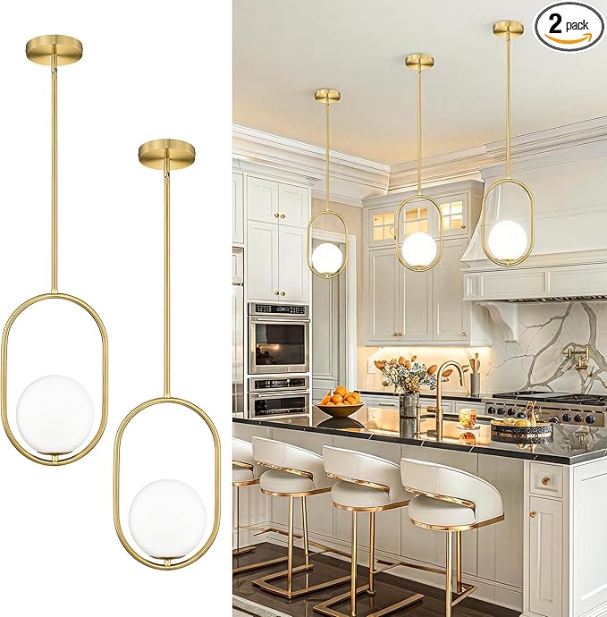 AUTELO Pendant Lights Kitchen Island, 2 Pack Brushed Gold Farmhouse Pendant Lights with Milky White Globe Hanging Lamp, Adjustable Rods for Kitchen Bar Living Room, H9376 MGBG-2PK