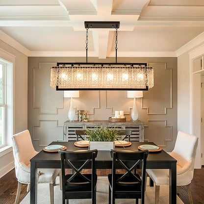 Modern Black Crystal Chandelier for Dining Room, 42" Hanging Light Fixture,Water Ripple Glass Design, Adjustable Height, Rectangle Chandelier for Living Room Kitchen Island
