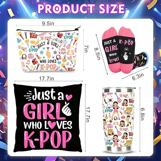 Kpop Gift Set Includes 20oz Tumbler, Throw Pillow Cover, Socks & Makeup Bag Just a Girl Who Loves K-pop Room Decor Birthday Gifts for Kpop Music Fans (Black)