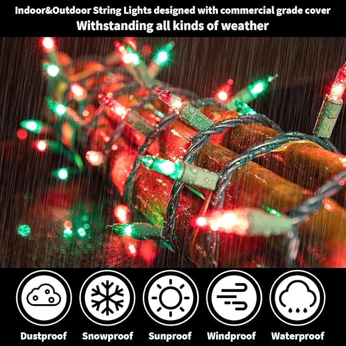 LAMPHOME 100 Count Red Green Christmas Lights, Green Wire 20Ft Incandescent Holiday String Light Set for Indoor Outdoor Use Christmas Tree, Halloween, Valentine Wedding Lighting Decoration