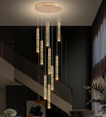 Modern High Ceiling Crystal Chandelier 9-Lights, Gold Spiral LED Raindrop Foyer Pendant Lighting, Bubble Staircase Living Room Hanging Light Fixture Flush Mount