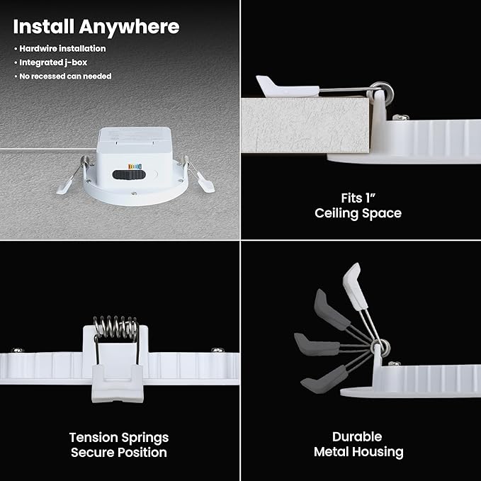 Feit Electric 4" LED Canless Recessed Downlight with Integrated J-Box, High Output, 75W Equivalent, Dimmable, 5CCT Selectable White, 90 CRI, 850 Lumens, 45-Year Lifetime, 4 Pack, LEDR4HOJBX/6WYCA/4