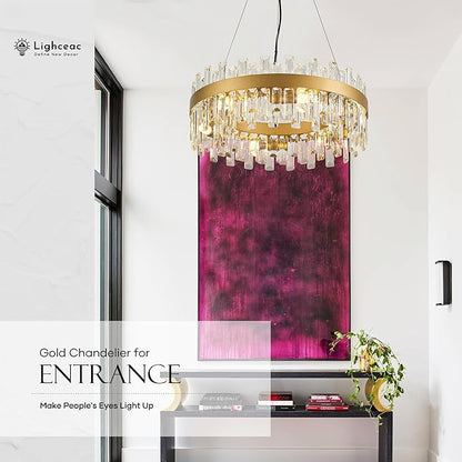 21.7" Gold Modern Crystal Chandelier Light Fixtures Luxury 2 Rings Crystal Chandeliers for Dining Room 12-Light Round Hanging Pendant Lighting for Living Room Kitchen Island Entryway Bedroom