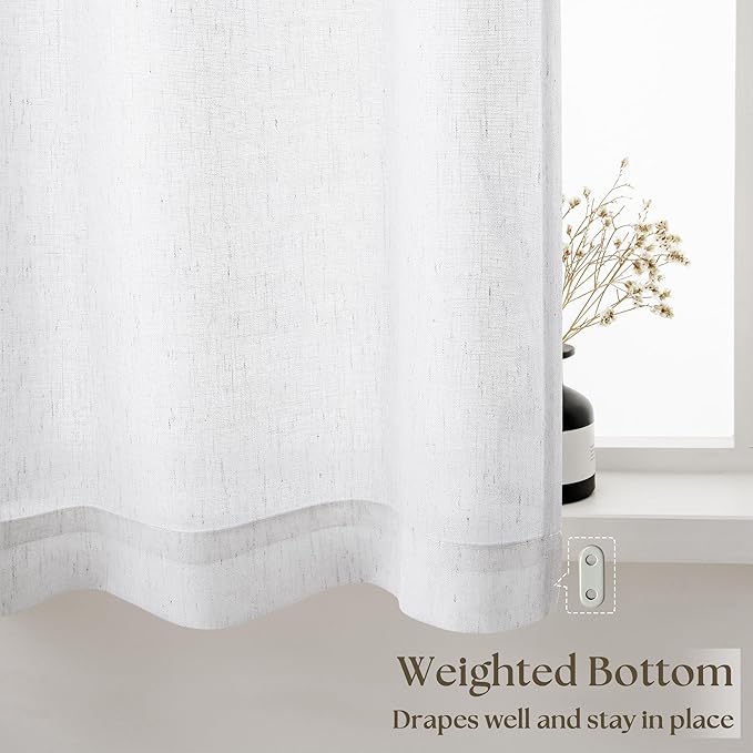 White Linen Kitchen Window Curtains 2 Panels Rod Pocket Linen Cafe Curtains 24 Inch Length Light Filtering Semi Sheer Boho Off White Short Tier Drapes for Small Window Basement Bathroom RV 26Wx24L