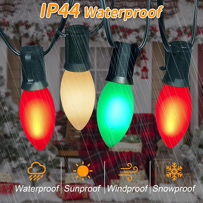 Abeja C9 LED Christmas Lights Outdoor, 25 Ft C9 Vintage String Lights with 26 Shatterproof Multicolor LED Bulbs, Connectable Multicolor Lights for Holiday Party Roofline Garden Patio, Red/Green/White