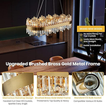 Siljoy 16-Light Rectangular Gold Crystal Chandelier for Dining Room, Modern 2-Tiers K9 Crystal Raindrop Chandelier, Luxury Crystal Pendant Ceiling Light for Living Room Kitchen Island, L35.4''