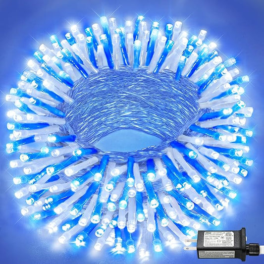 66FT 200 LED Outdoor String Lights, Plug in Christmas Lights Indoor Waterproof with 8 Modes, Connectable Clear Wire Twinkle Fairy Lights for House Patio Xmas Party Decorations, Blue and White