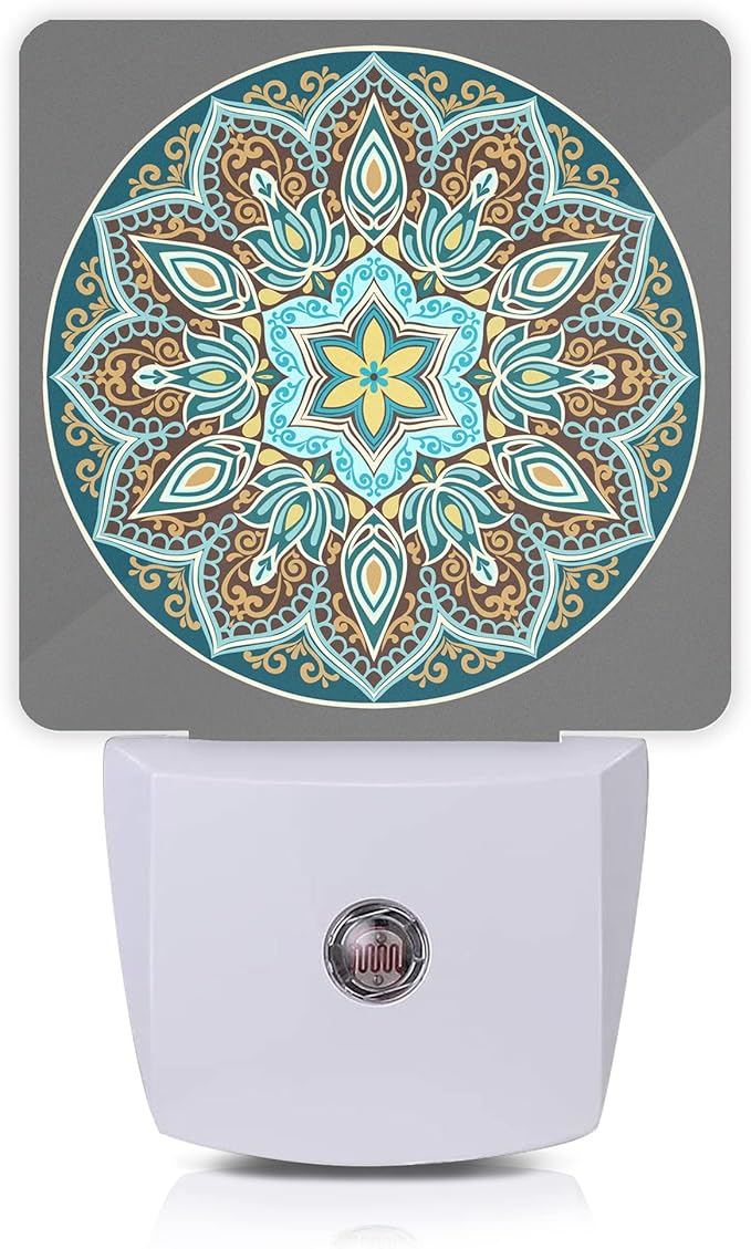 Mandala Floral Night Light,Yellow and Brown Ethnic Style Plug-in Night Lights with Dusk-to-Dawn Sensor for Stairway/Hallway/Bedroom Sleep Friendly lamp for Women/Girls/Boys Gift,0.5W