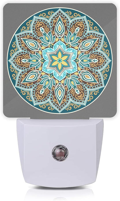 Mandala Floral Night Light,Yellow and Brown Ethnic Style Plug-in Night Lights with Dusk-to-Dawn Sensor for Stairway/Hallway/Bedroom Sleep Friendly lamp for Women/Girls/Boys Gift,0.5W